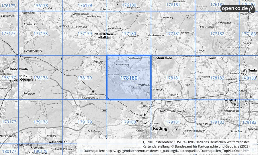 Übersichtskarte des KOSTRA-DWD-2020-Rasterfeldes Nr. 178180