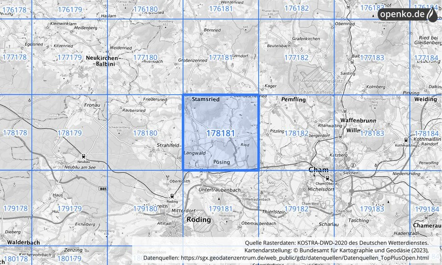 Übersichtskarte des KOSTRA-DWD-2020-Rasterfeldes Nr. 178181