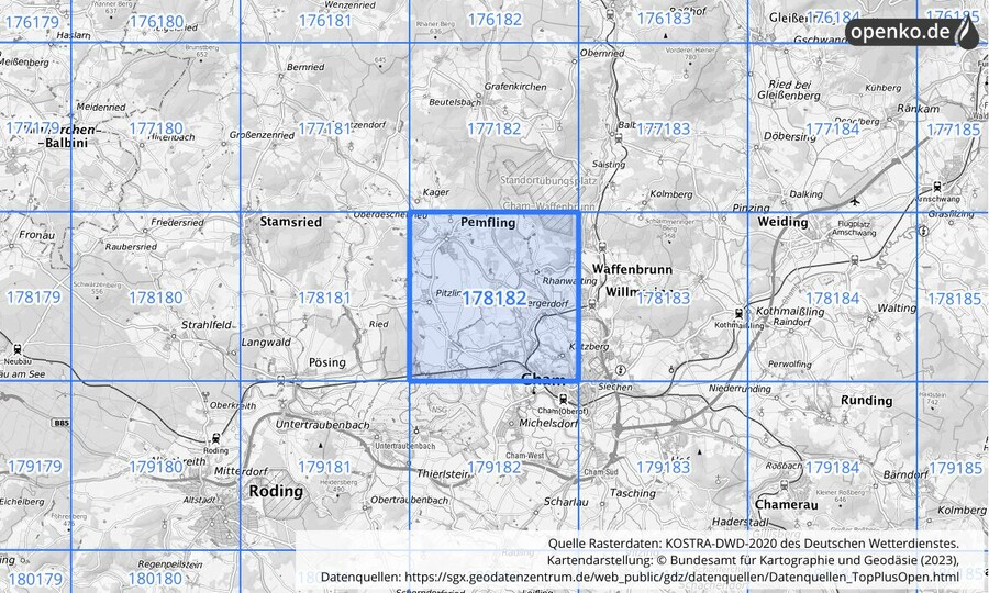 Übersichtskarte des KOSTRA-DWD-2020-Rasterfeldes Nr. 178182