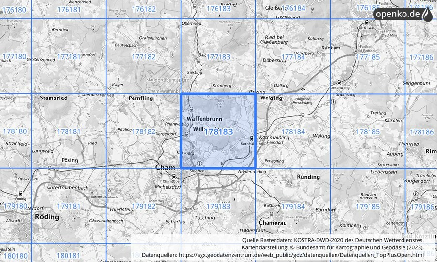 Übersichtskarte des KOSTRA-DWD-2020-Rasterfeldes Nr. 178183