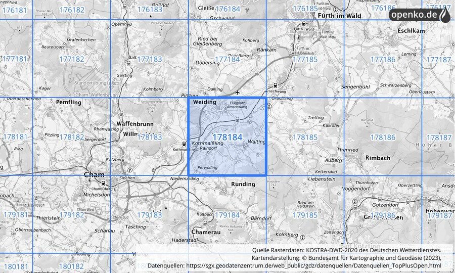 Übersichtskarte des KOSTRA-DWD-2020-Rasterfeldes Nr. 178184