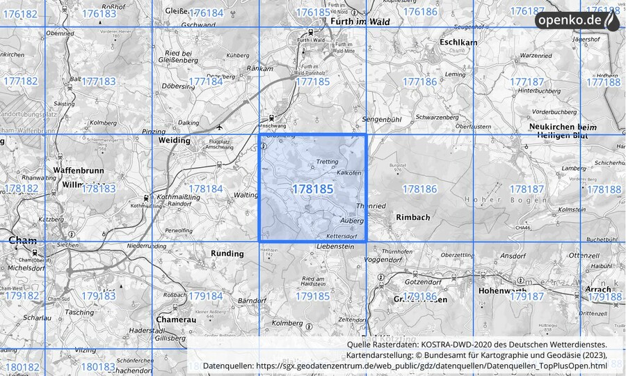 Übersichtskarte des KOSTRA-DWD-2020-Rasterfeldes Nr. 178185