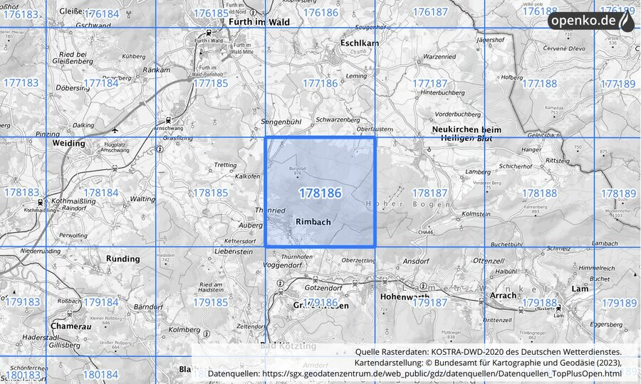 Übersichtskarte des KOSTRA-DWD-2020-Rasterfeldes Nr. 178186