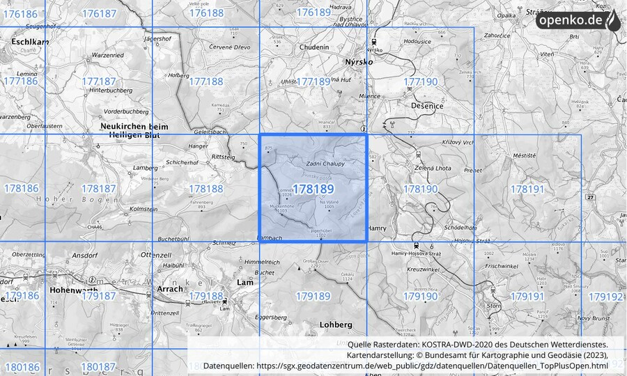 Übersichtskarte des KOSTRA-DWD-2020-Rasterfeldes Nr. 178189
