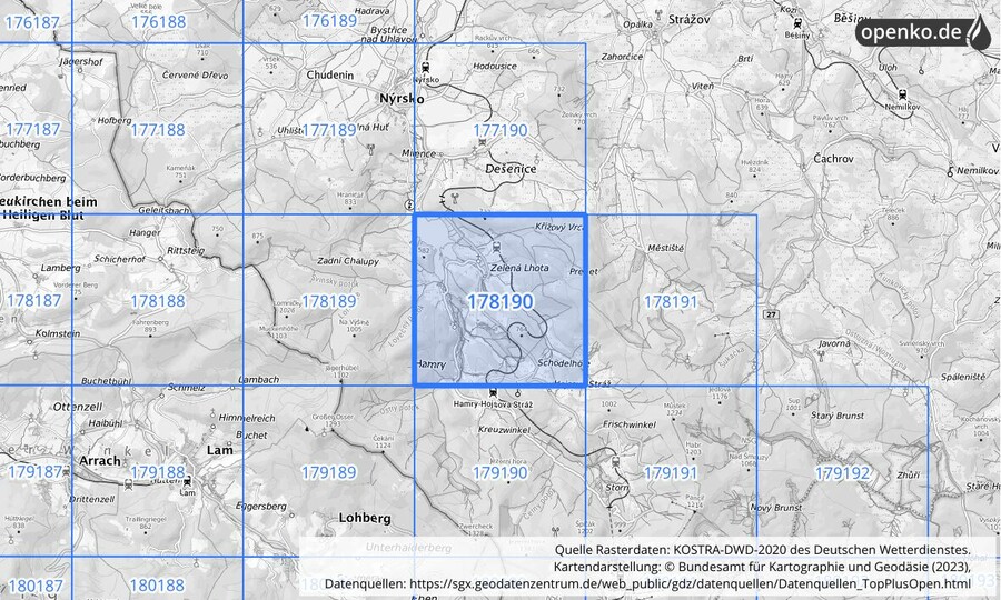 Übersichtskarte des KOSTRA-DWD-2020-Rasterfeldes Nr. 178190