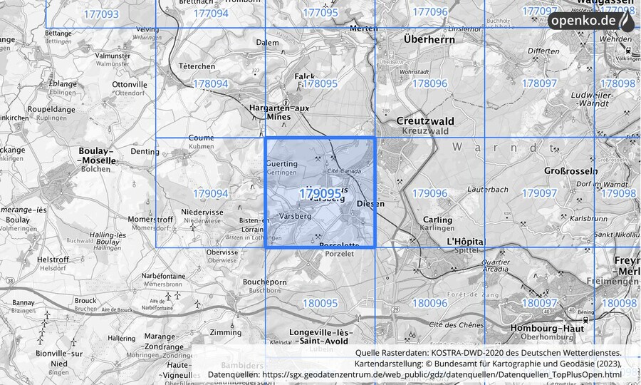 Übersichtskarte des KOSTRA-DWD-2020-Rasterfeldes Nr. 179095