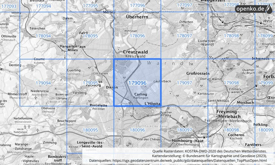 Übersichtskarte des KOSTRA-DWD-2020-Rasterfeldes Nr. 179096