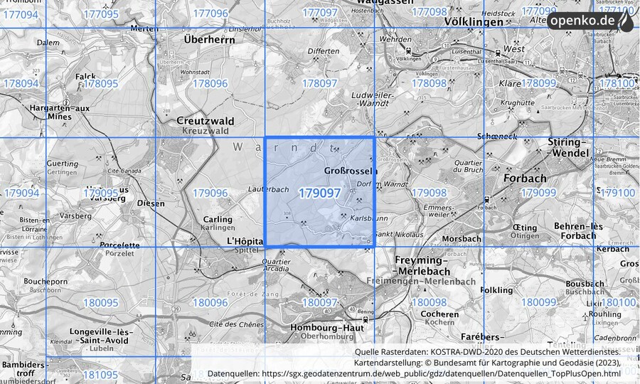 Übersichtskarte des KOSTRA-DWD-2020-Rasterfeldes Nr. 179097