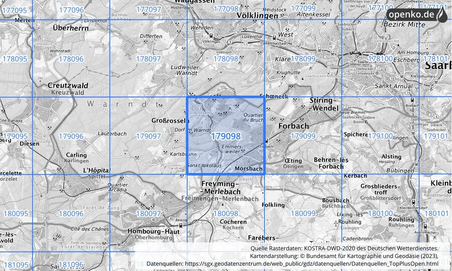 Übersichtskarte des KOSTRA-DWD-2020-Rasterfeldes Nr. 179098