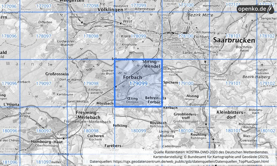 Übersichtskarte des KOSTRA-DWD-2020-Rasterfeldes Nr. 179099