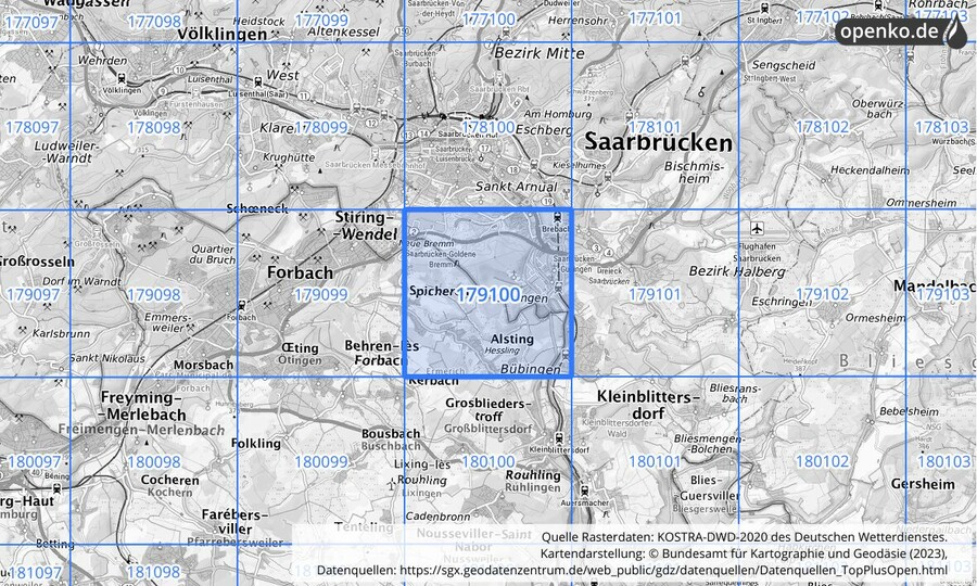 Übersichtskarte des KOSTRA-DWD-2020-Rasterfeldes Nr. 179100