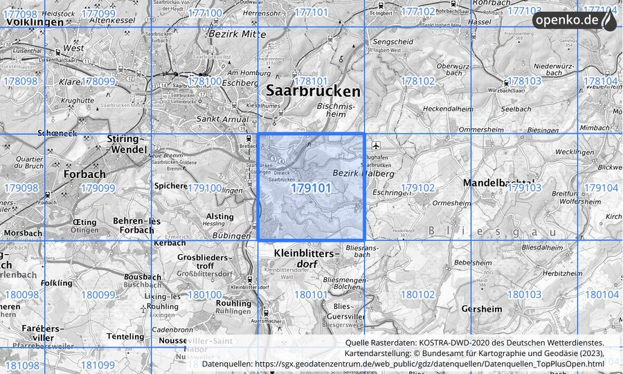 Übersichtskarte des KOSTRA-DWD-2020-Rasterfeldes Nr. 179101