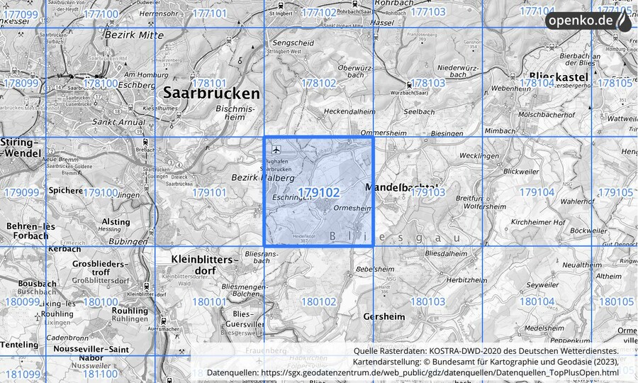 Übersichtskarte des KOSTRA-DWD-2020-Rasterfeldes Nr. 179102