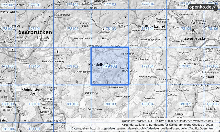 Übersichtskarte des KOSTRA-DWD-2020-Rasterfeldes Nr. 179103