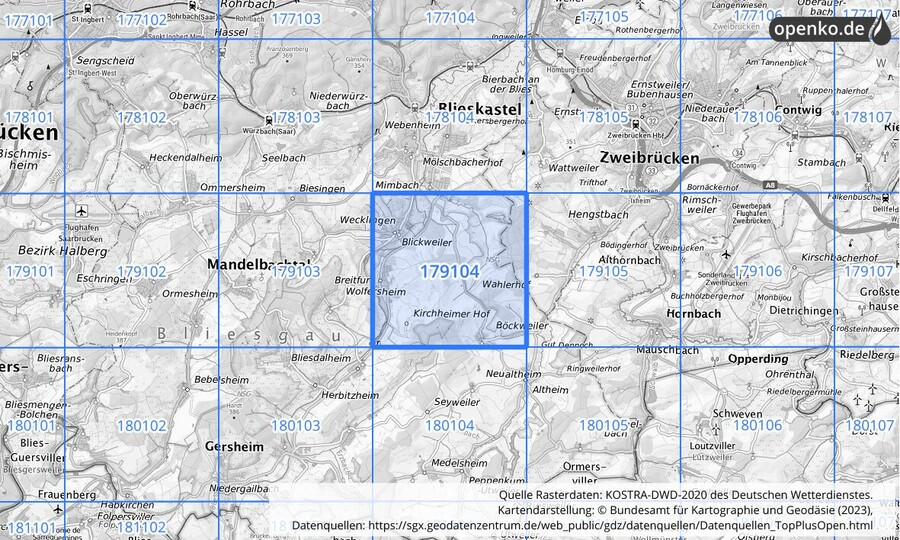 Übersichtskarte des KOSTRA-DWD-2020-Rasterfeldes Nr. 179104