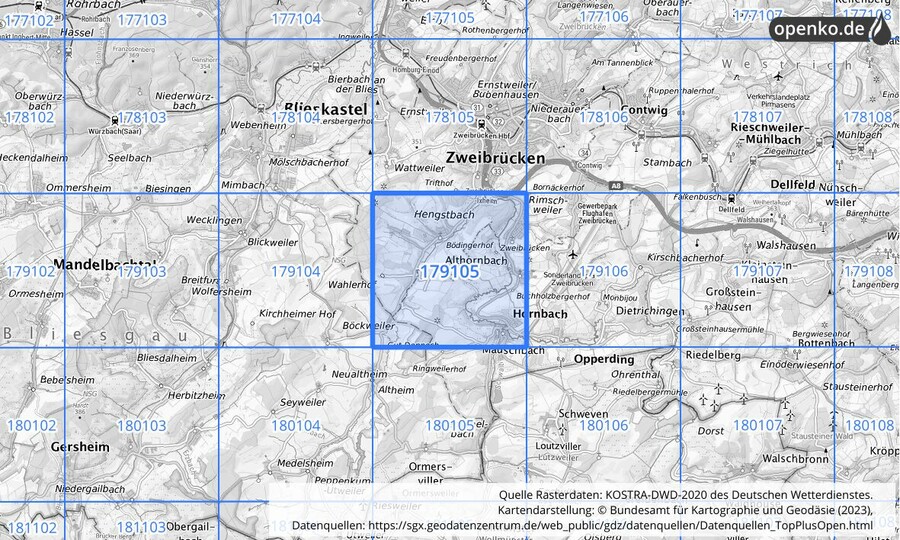 Übersichtskarte des KOSTRA-DWD-2020-Rasterfeldes Nr. 179105