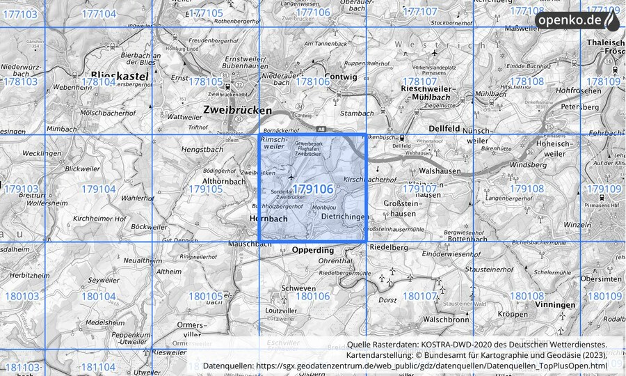 Übersichtskarte des KOSTRA-DWD-2020-Rasterfeldes Nr. 179106