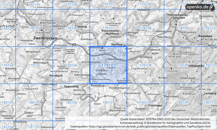 Übersichtskarte des KOSTRA-DWD-2020-Rasterfeldes Nr. 179107