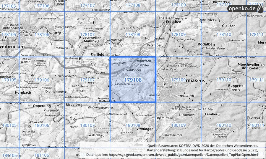 Übersichtskarte des KOSTRA-DWD-2020-Rasterfeldes Nr. 179108