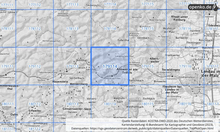 Übersichtskarte des KOSTRA-DWD-2020-Rasterfeldes Nr. 179114