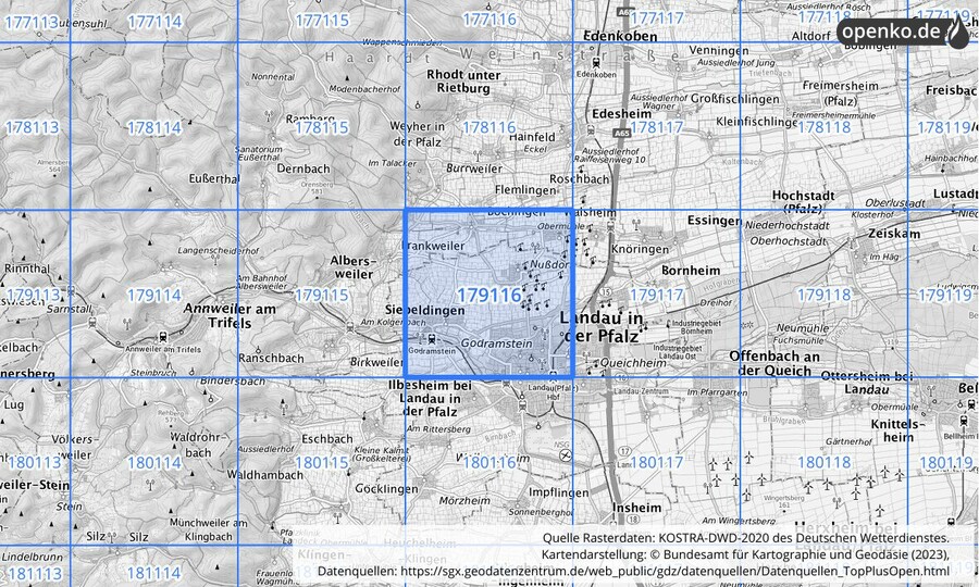 Übersichtskarte des KOSTRA-DWD-2020-Rasterfeldes Nr. 179116