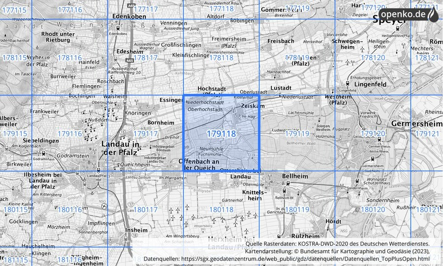 Übersichtskarte des KOSTRA-DWD-2020-Rasterfeldes Nr. 179118