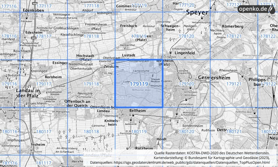 Übersichtskarte des KOSTRA-DWD-2020-Rasterfeldes Nr. 179119