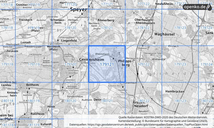 Übersichtskarte des KOSTRA-DWD-2020-Rasterfeldes Nr. 179121