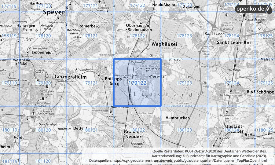 Übersichtskarte des KOSTRA-DWD-2020-Rasterfeldes Nr. 179122