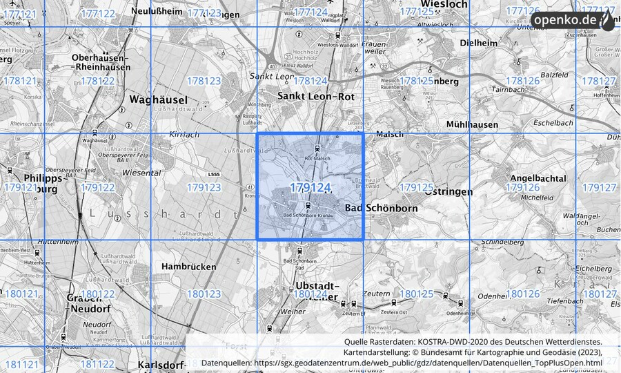 Übersichtskarte des KOSTRA-DWD-2020-Rasterfeldes Nr. 179124