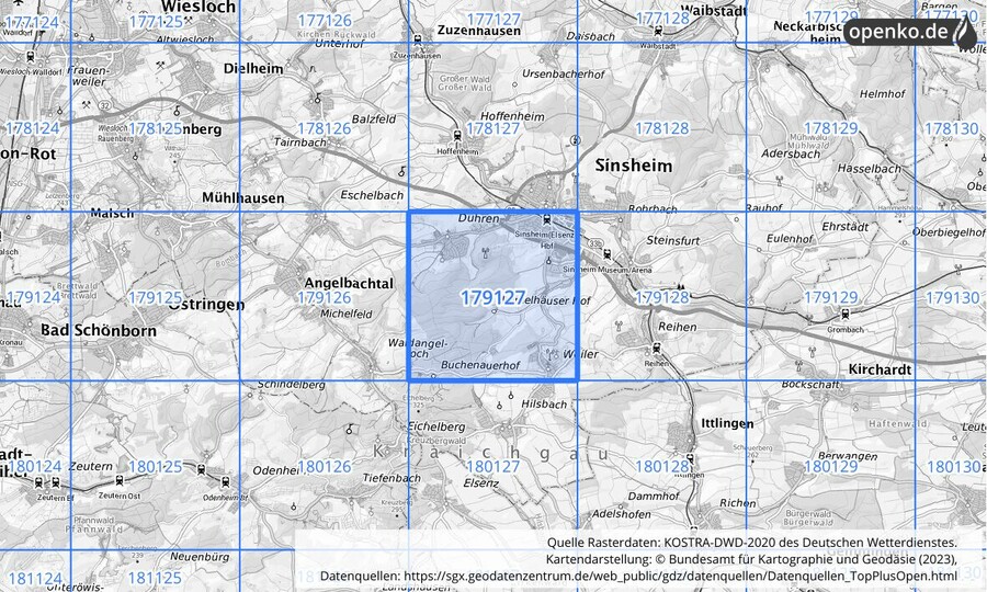 Übersichtskarte des KOSTRA-DWD-2020-Rasterfeldes Nr. 179127