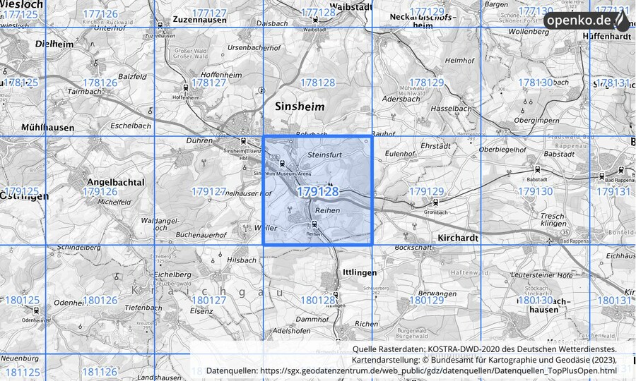 Übersichtskarte des KOSTRA-DWD-2020-Rasterfeldes Nr. 179128