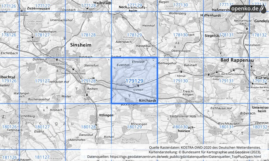 Übersichtskarte des KOSTRA-DWD-2020-Rasterfeldes Nr. 179129