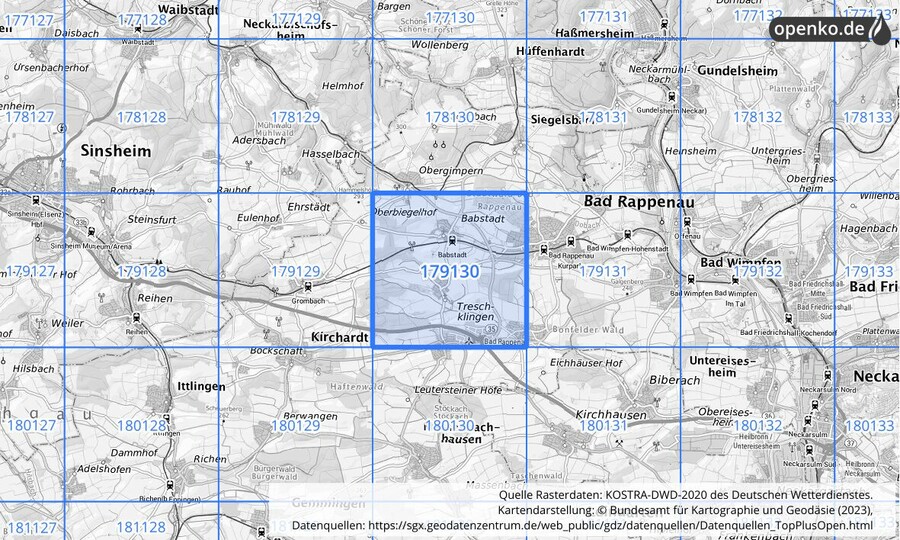 Übersichtskarte des KOSTRA-DWD-2020-Rasterfeldes Nr. 179130