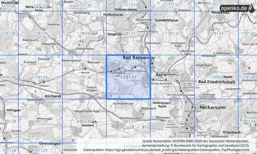 Übersichtskarte des KOSTRA-DWD-2020-Rasterfeldes Nr. 179131