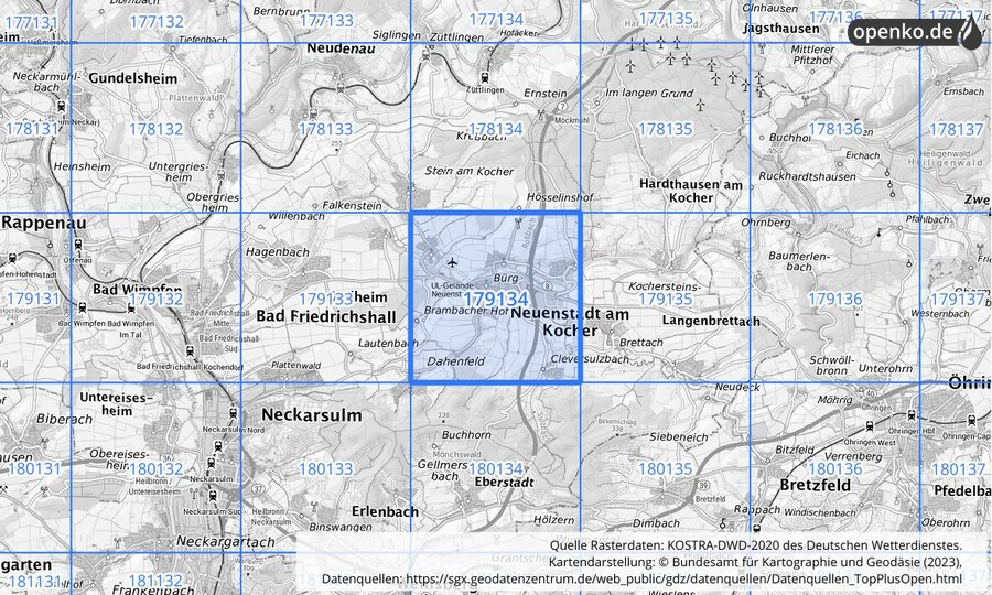 Übersichtskarte des KOSTRA-DWD-2020-Rasterfeldes Nr. 179134