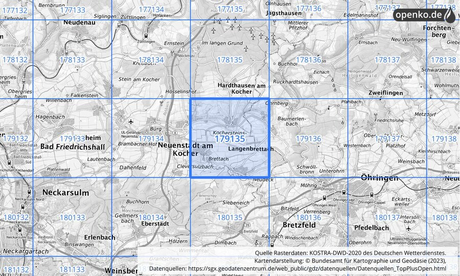 Übersichtskarte des KOSTRA-DWD-2020-Rasterfeldes Nr. 179135