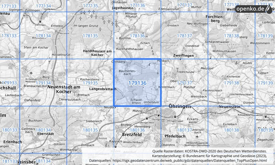 Übersichtskarte des KOSTRA-DWD-2020-Rasterfeldes Nr. 179136