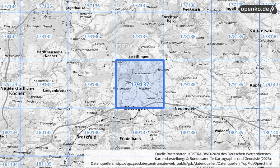 Übersichtskarte des KOSTRA-DWD-2020-Rasterfeldes Nr. 179137