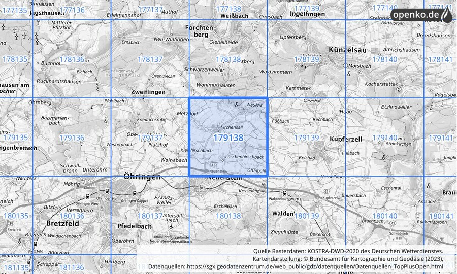 Übersichtskarte des KOSTRA-DWD-2020-Rasterfeldes Nr. 179138