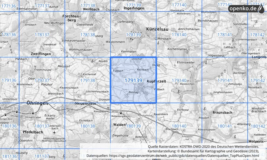 Übersichtskarte des KOSTRA-DWD-2020-Rasterfeldes Nr. 179139