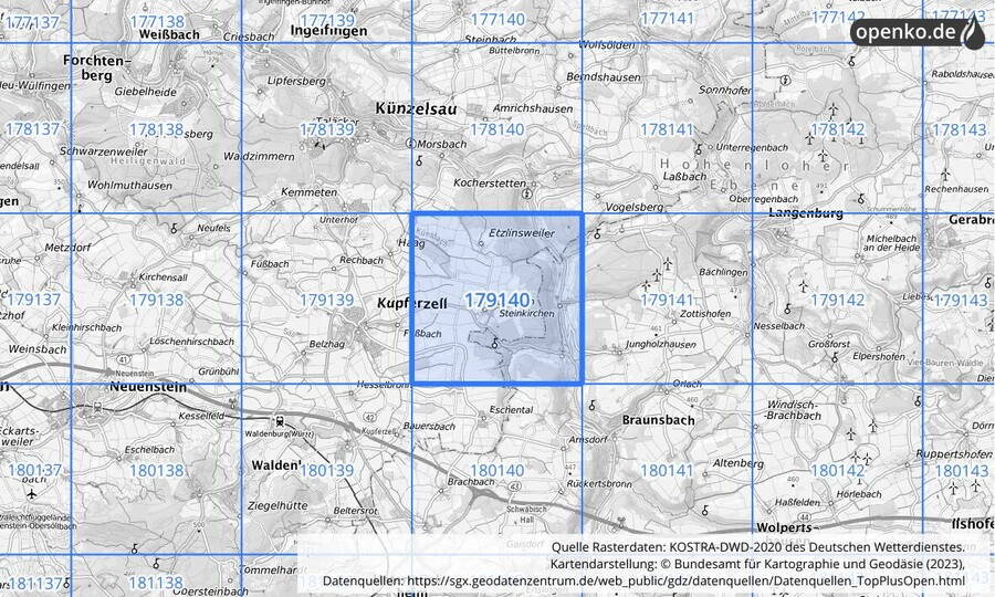 Übersichtskarte des KOSTRA-DWD-2020-Rasterfeldes Nr. 179140