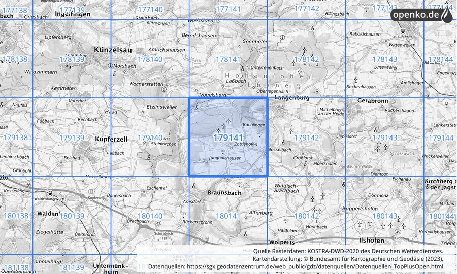 Übersichtskarte des KOSTRA-DWD-2020-Rasterfeldes Nr. 179141