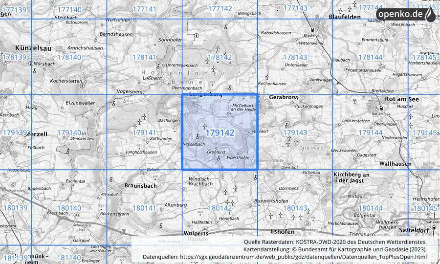 Übersichtskarte des KOSTRA-DWD-2020-Rasterfeldes Nr. 179142