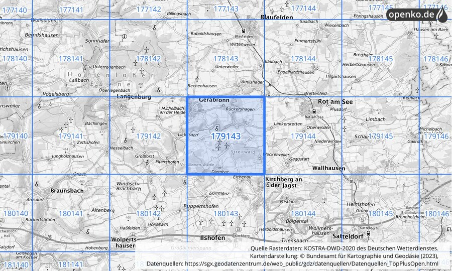 Übersichtskarte des KOSTRA-DWD-2020-Rasterfeldes Nr. 179143