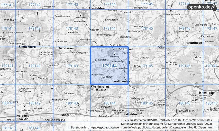 Übersichtskarte des KOSTRA-DWD-2020-Rasterfeldes Nr. 179144