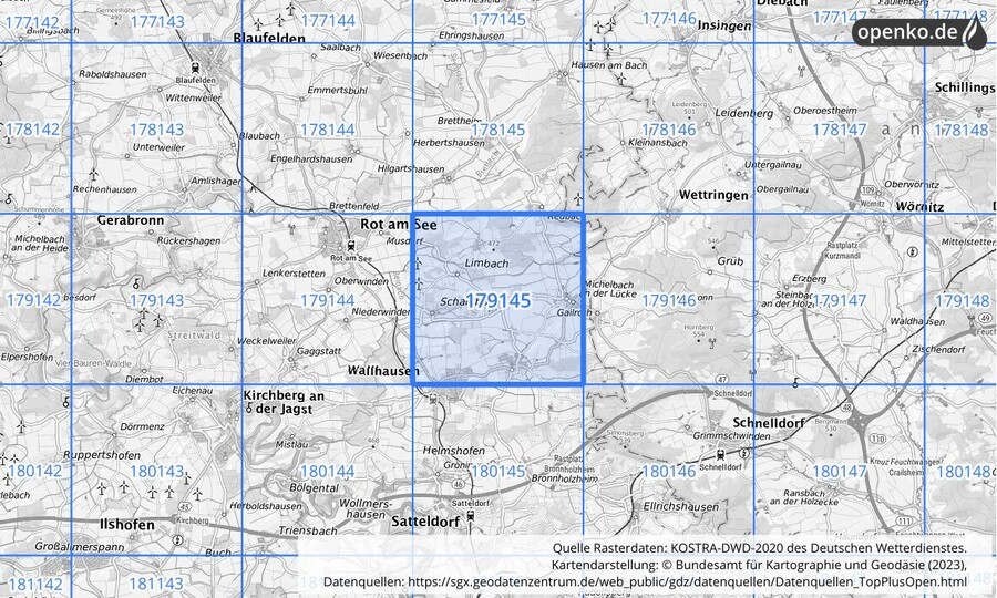 Übersichtskarte des KOSTRA-DWD-2020-Rasterfeldes Nr. 179145