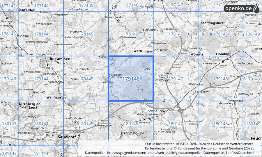 Übersichtskarte des KOSTRA-DWD-2020-Rasterfeldes Nr. 179146