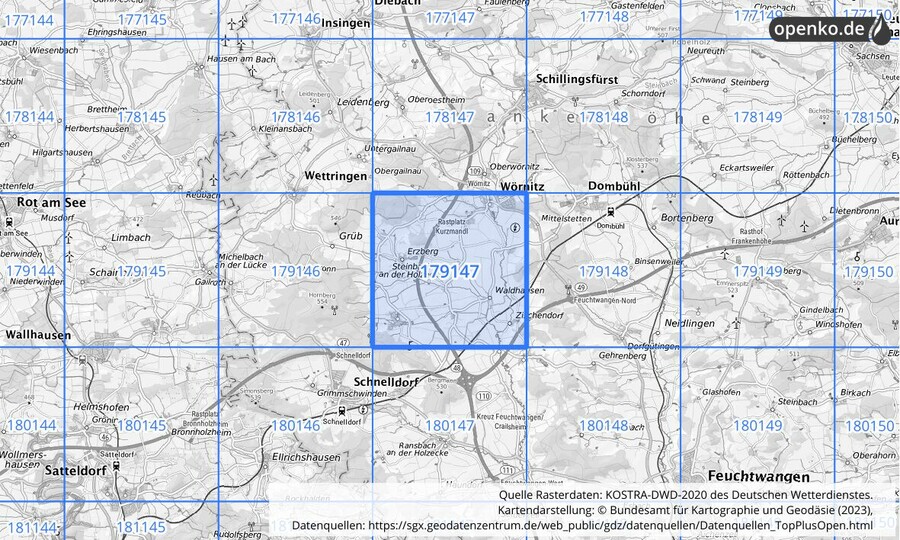 Übersichtskarte des KOSTRA-DWD-2020-Rasterfeldes Nr. 179147