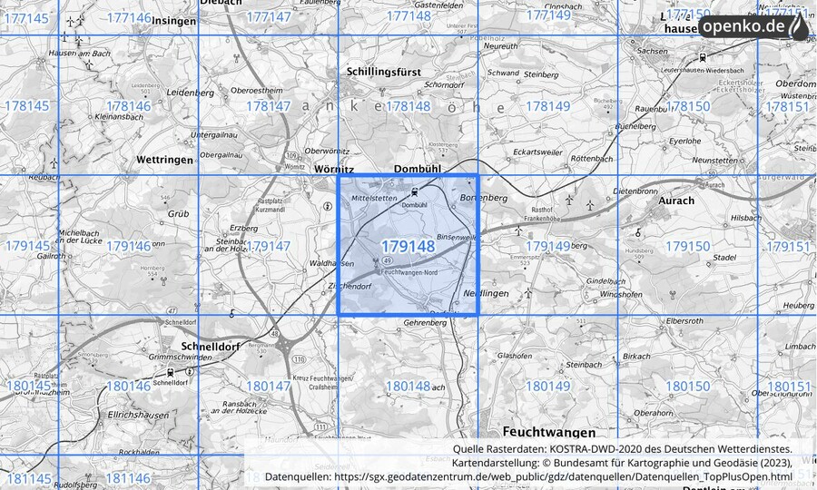 Übersichtskarte des KOSTRA-DWD-2020-Rasterfeldes Nr. 179148